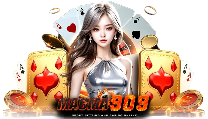 Magma909 แบนเนอร์คาสิโนออนไลน์ สาวสวยถือไพ่ พร้อมลูกเต๋าและชิปทอง เว็บตรงเล่นง่าย